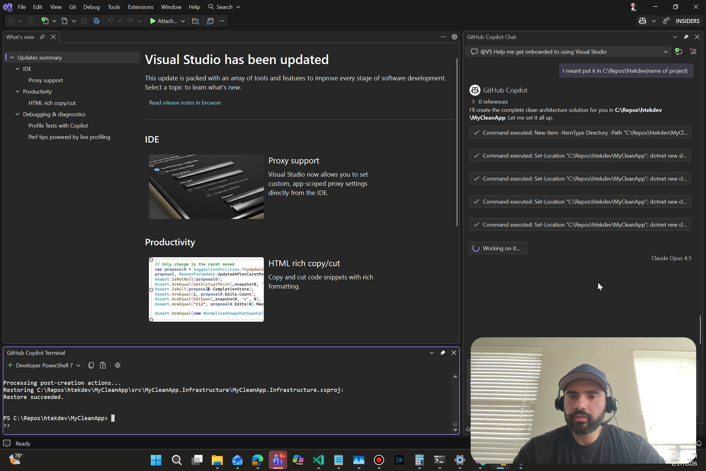 GitHub Copilot scaffolding a clean architecture C# solution with domain, infrastructure, API, and test projects in Visual Studio